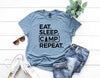 Eat Sleep Camp Repeat Unisex Graphic Tee Shirt for Hiking, Girls Trip, Mountain Adventures and Gift